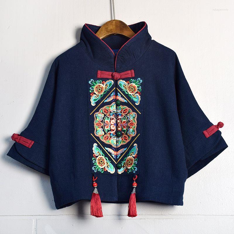 

Ethnic Clothing 2023 Chinese Style Embroidery Spring And Autumn Women's Cotton Linen Retro High Collar Half Sleeve Short Top Coat S105