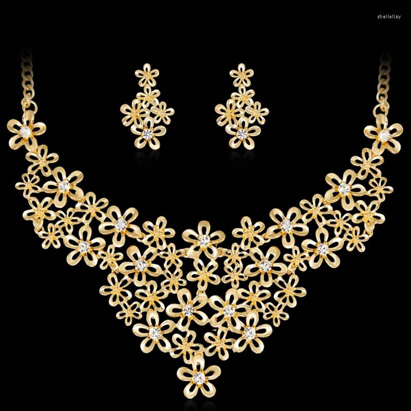 

Necklace Earrings Set Women Accessories Wedding Bridal Gold Color Statement Crystal Flower Pendant Earring Party Jewelry, Picture shown