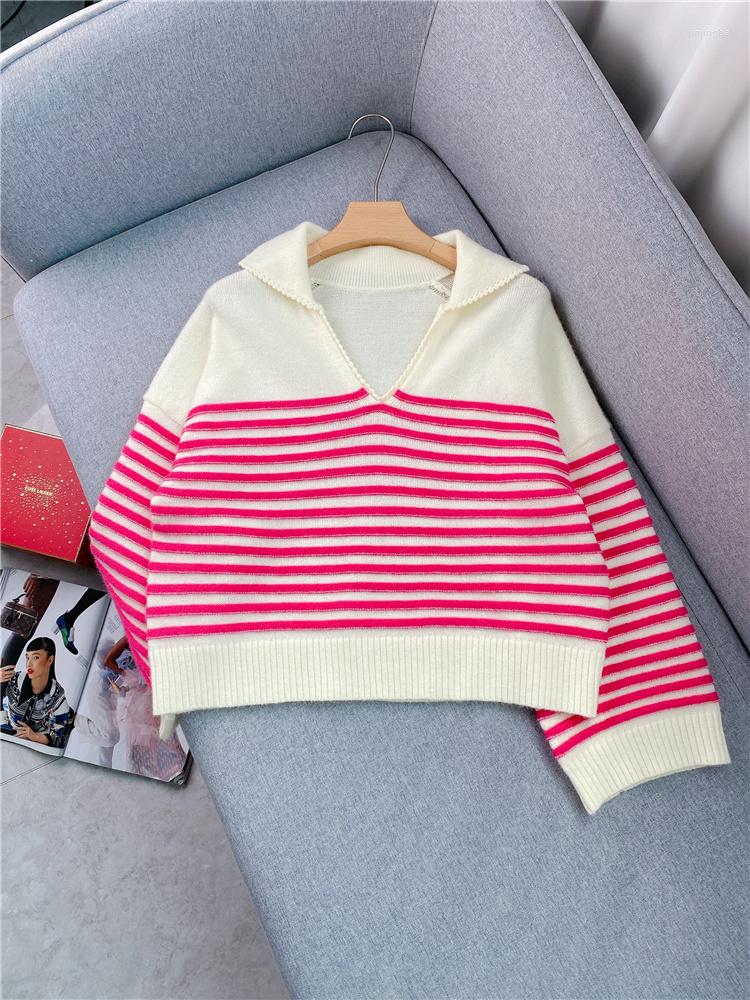 

Women' T Shirts V-neck Long-sleeved Knitted Pullover For Women Spring 2023 Style Small Lapel Loose Stripe Sweater, Black