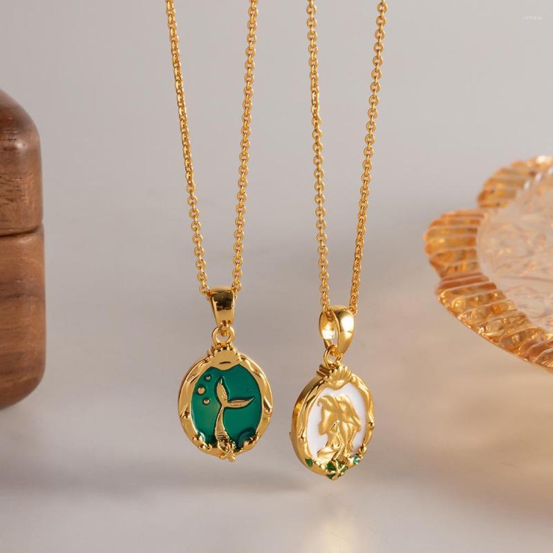 

Pendant Necklaces Minar Cute Green White Enamel Mermaid For Women 14K Gold Plated Brass Double Side Oval Coin Choker Necklace