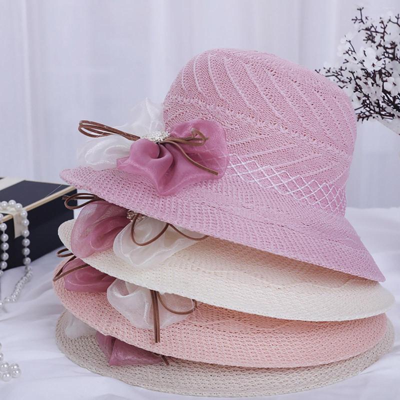 

Wide Brim Hats Straw Hat Women Sun Protection Beach Mesh Flowers Bowknot Cap Casual Ladies Flat Top Elegant, Bg1