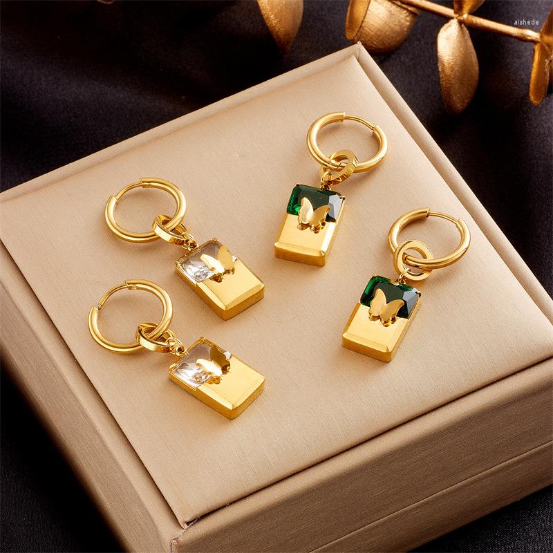 

Hoop Earrings 316L Stainless Steel Square Green Booze Zircon Butterfly For Women Fashion Girls Ears Jewelry Gifts Drop
