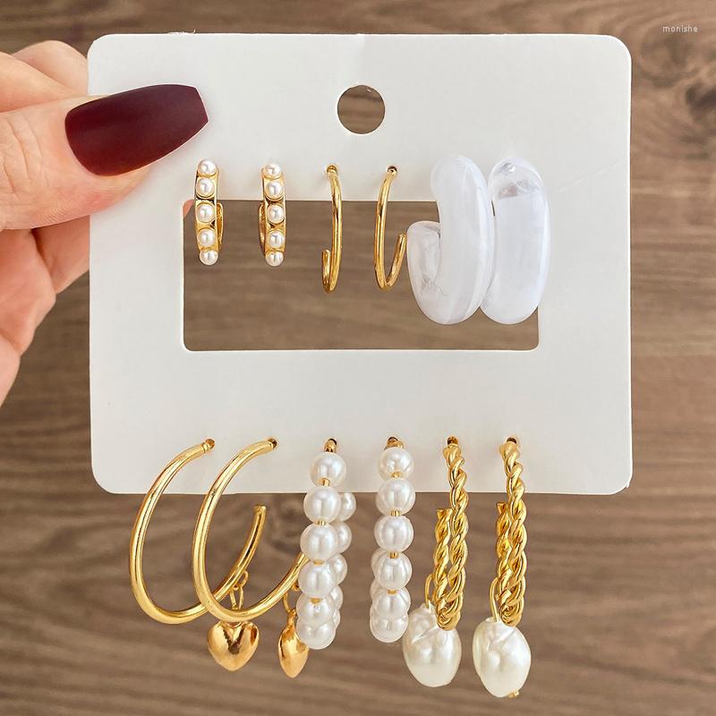 

Hoop Earrings Gold Color Pearl Set Metal Dangle Vintage Circle Geometric Twist For Women Girls Trendy Jewelry Gifts