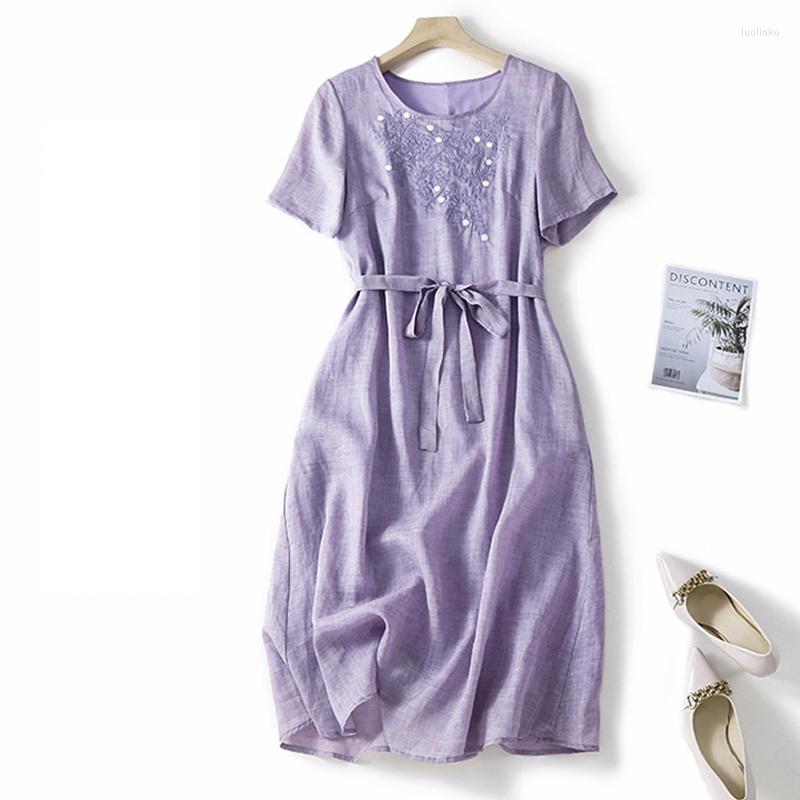 

Party Dresses Cotton Flower Embroidered Ladies 2023 O-Neck Short Sleeve High Waist Belted Slim Midi Sundress For Women, Pink