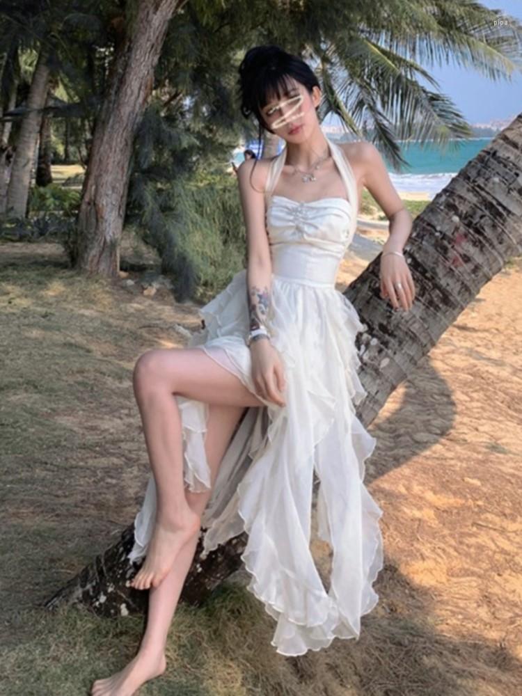 

Casual Dresses 2023 Summer Elegant Party Maxi Dress Vestidos Vintage Women Sleeveless Strap One Piece Lady White Design