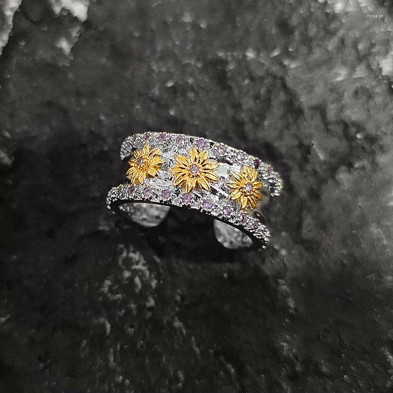 

Wedding Rings Luxury Female Small Gold Silver Color Ring Adjustable Flower For Women Purple Rhinestone Open Engagement