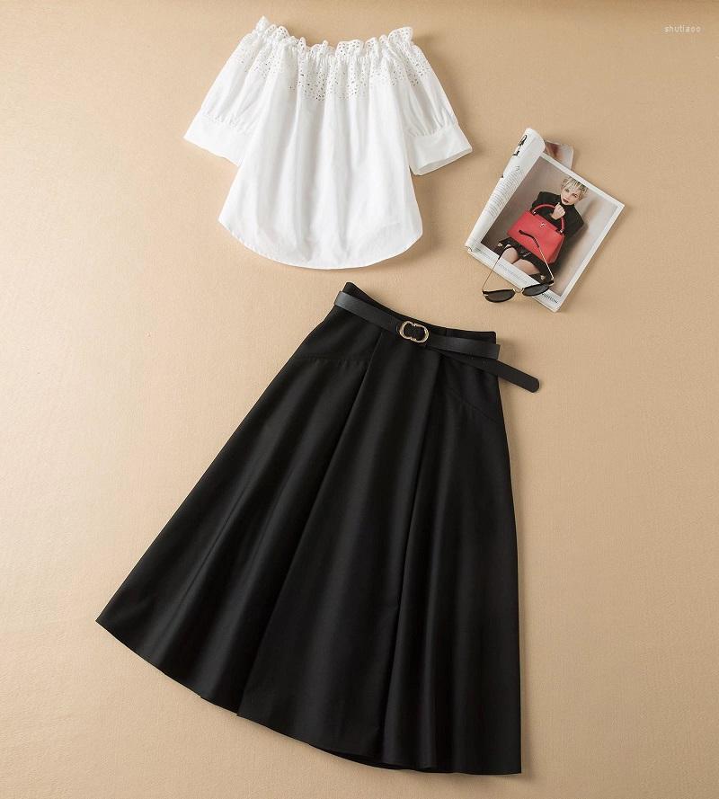 

Work Dresses Two Piece Set 2023 Spring Summer Fashion Skirt Suits High Quality Women Sexy Slash Neck White Tops Blouse A-Line Sets, Picture shown