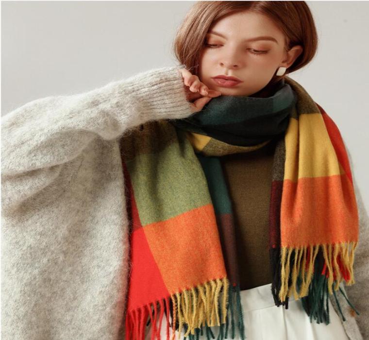 

5PCS autumn winter woman wool spinning scarf ladies doublefaced Multicolored gingham checks kerchief man scarf female shawl thick2285927