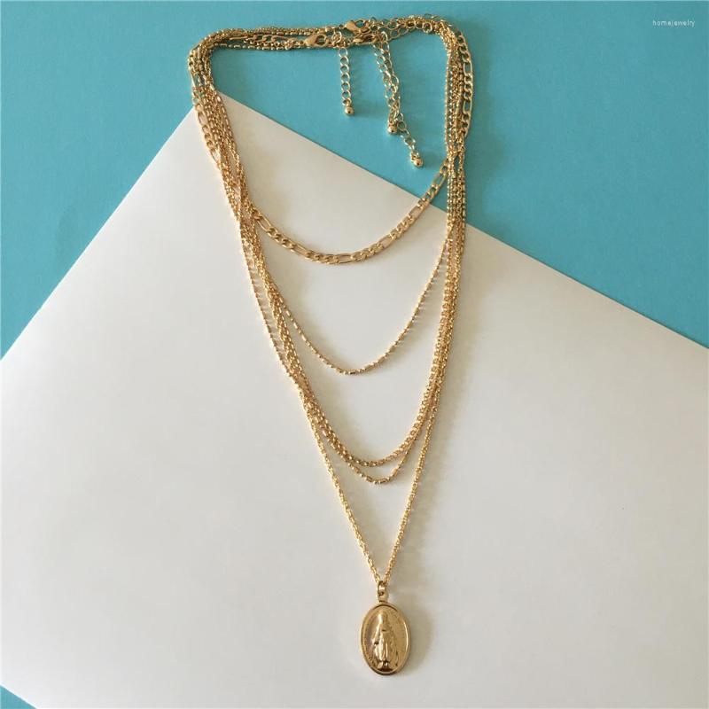 

Pendant Necklaces Trendy Gold Color Santa Maria Oval Coin 5 Row Layered Necklace For Women Girl Elegant Casual Jewelry Accessory