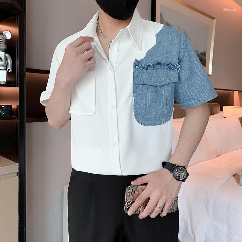 

Men's Casual Shirts Summer Denim Patchwork Ice Silk Shirt Men Short Sleeve Loose Thin Breathable Streetwear Social Party Tuxedo Blouse, Black