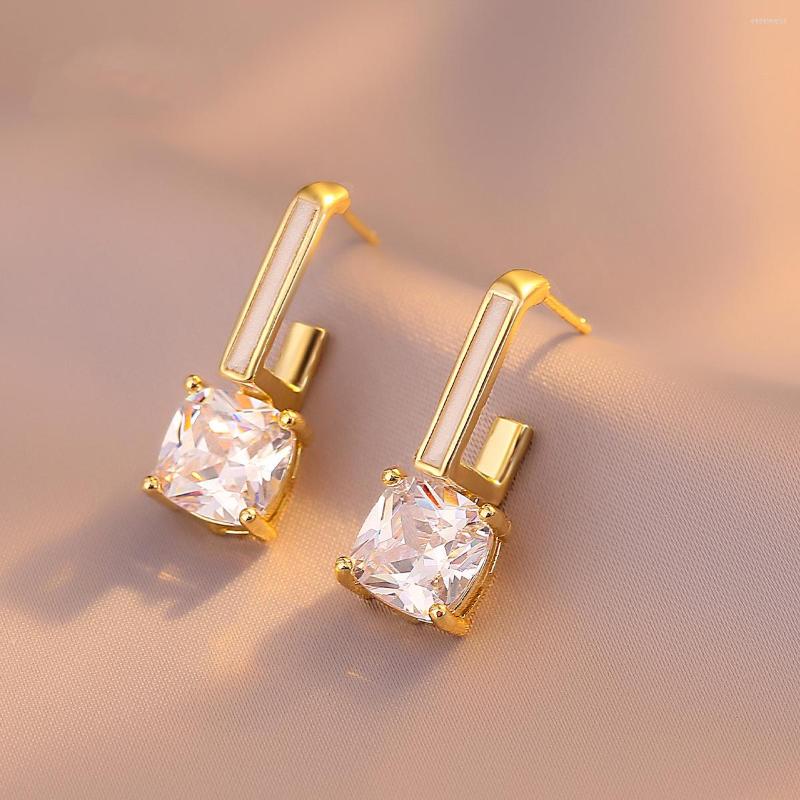 

Stud Earrings 14k Gold Plated Fashion Jewelry Zircon For Woman Korean Style Crystal Oil Painted Geometric Square Earring
