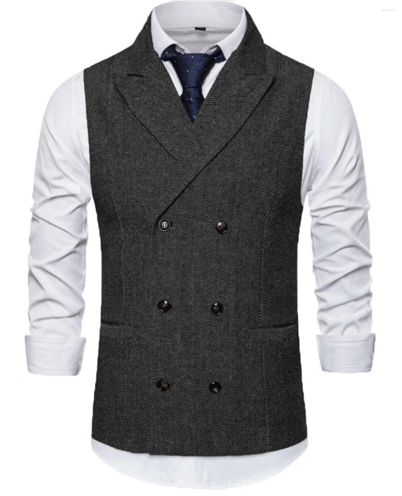 

Men's Vests Men Vest Burgundy Herringbone Tweed Tailored Collar Double-breasted Coffee Business Waistcoat For Clothing, Silver
