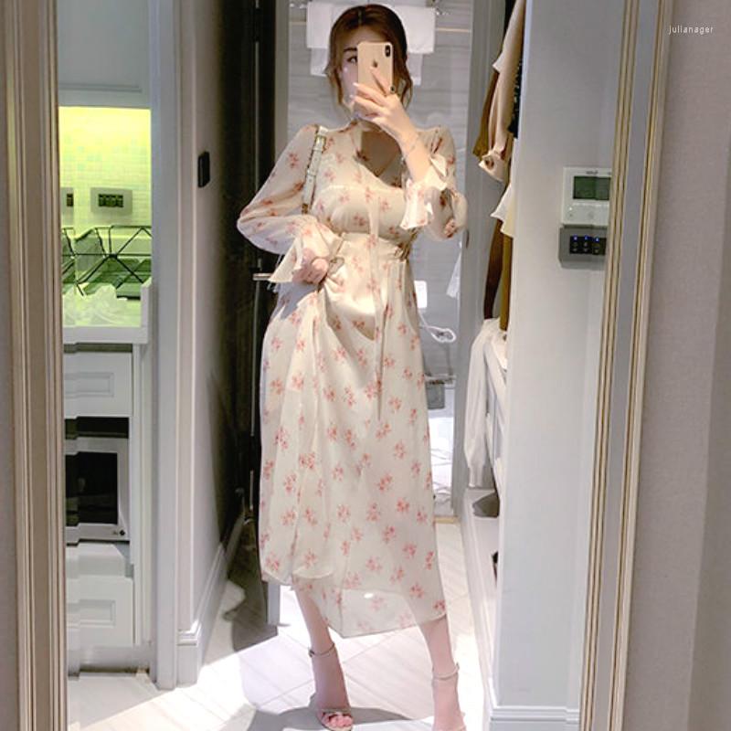 

Casual Dresses Female Full Korean Midi Dress Fall For Women 2023 Floral Retro Spring Autumn Elegant Print, Apricot