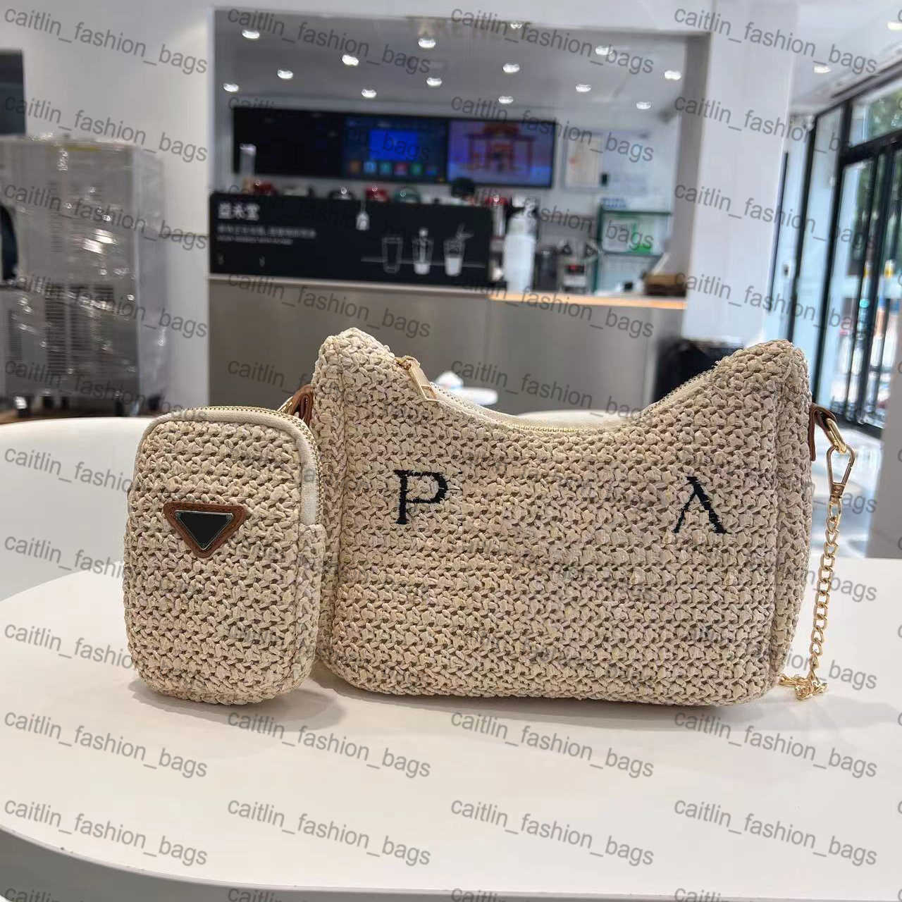 

triangle sunshine mens straw bag Raffia prad Womens weave Shoulder handbag puzzle clutch Bags purse luxury Crossbody designer round tote summer travel bags, Khaki