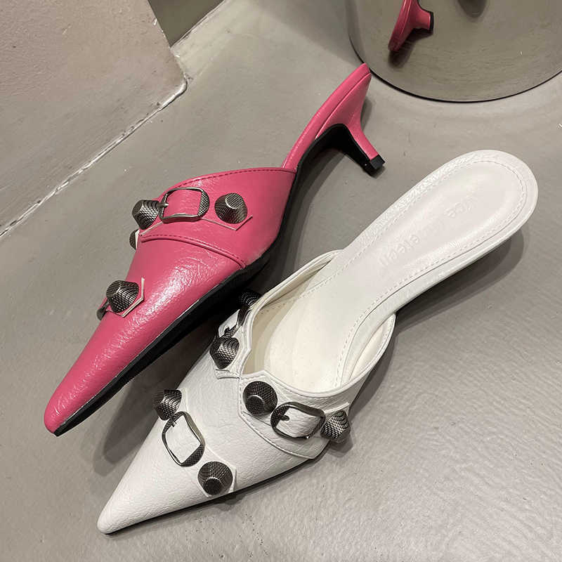 

Woman Slippers Women Pumps Heels Shoes Slides Mules 2023 Rivet Fashion Female Slip on Sandals Pointed Toe Ladies High Summer Spring 230511, Black