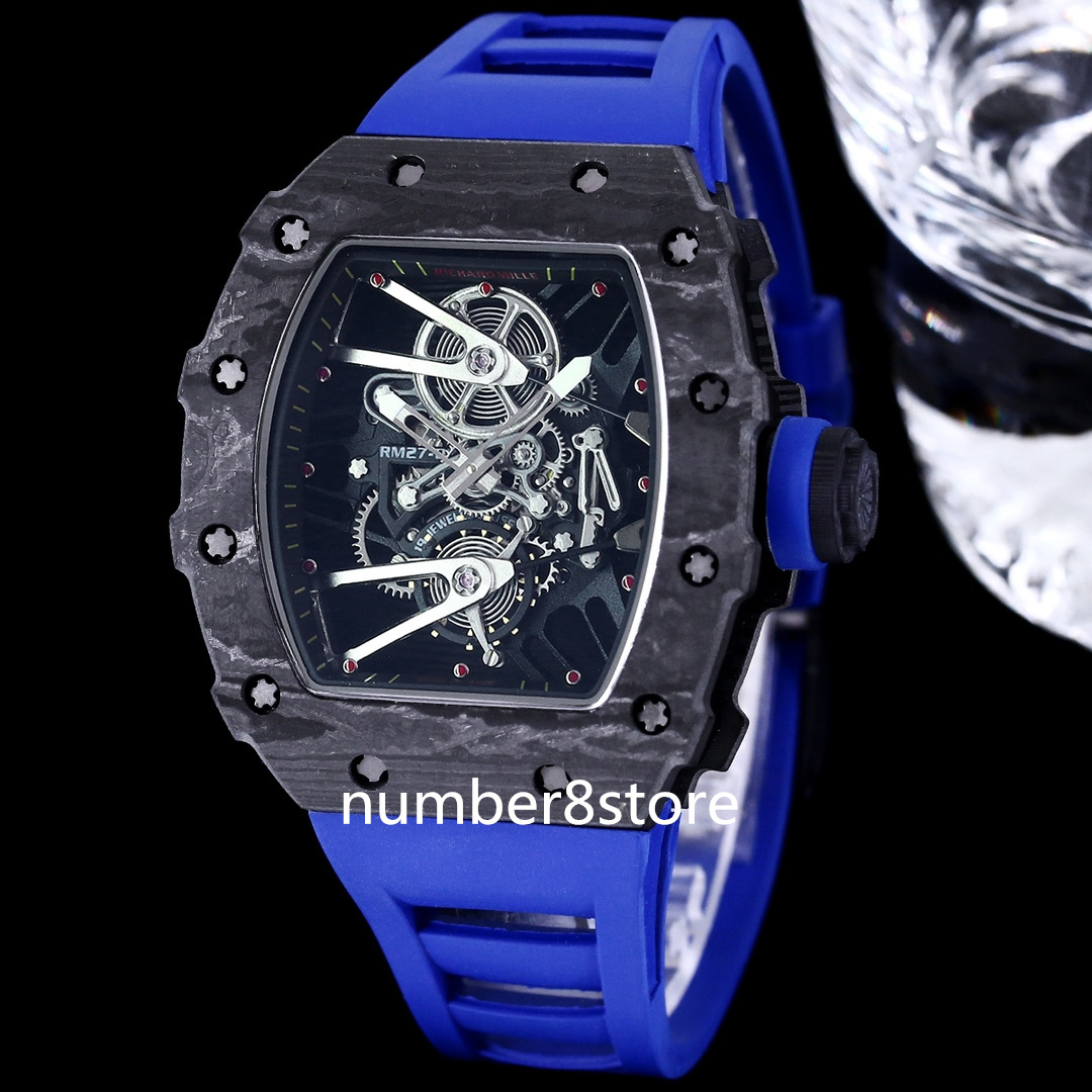 

Luxury 27-02 Carbon Fiber Mens Watch Automatic Movment Sapphire Crystal Swiss Sport Wristwatch Luminescent Hands 10 Colors Tonneau