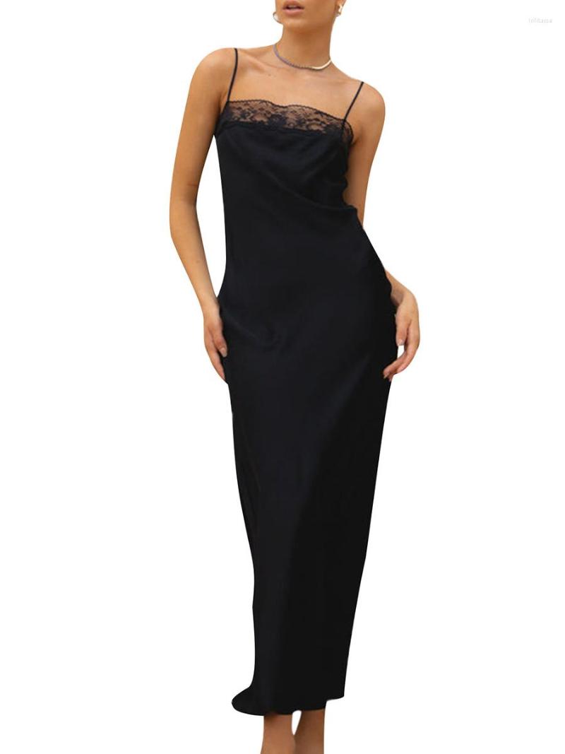 

Casual Dresses Women  Slip Long Dress Sleeveless Square Neck Lace Trim Solid Color Slim Fit Party Ball Gown, Black