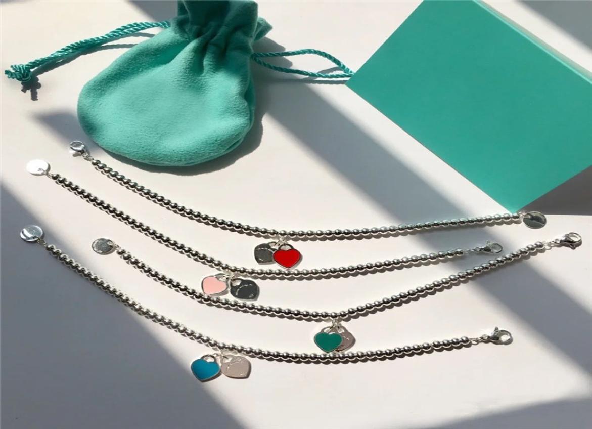 

New Silver TIF Luxury 2 Hearts Beaded Tag Strands Bracelet Women Fine jewelry Trendy Beads chain round ball Bracelets for girlfrie1022830