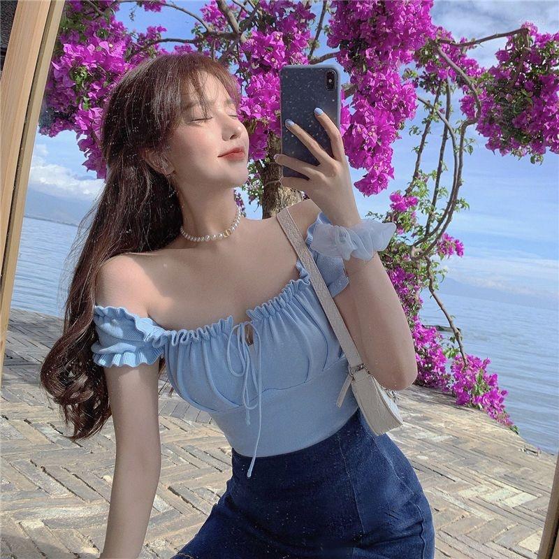 

Women' T Shirts Summer 2023 Sexy Style Bubble Sleeve With High Waist Thin Knit Silk Short Camisetas Tops Women T-shirts Clothing, Black