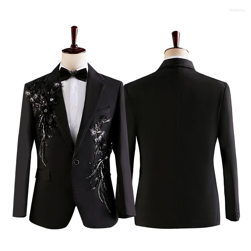 

Men's Suits Floral Sequin Patchwork Mens Black Suit Jacket 2023 Brand One Button Notched Lapel Dress Blazers Men Wedding Party Dinner Tuxedo