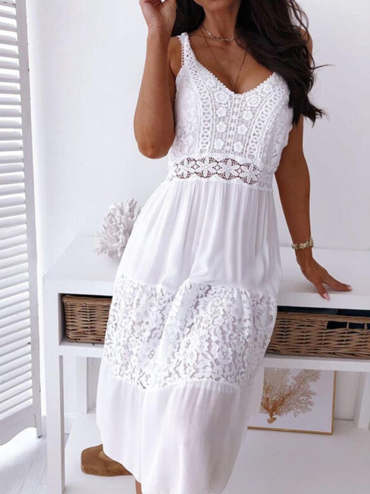 

Casual Dresses 2023 White Dress Sexy Spaghetti Strap V Neck Lace Patchwork Women Beach Fashion Elegant Club Party Tunicas