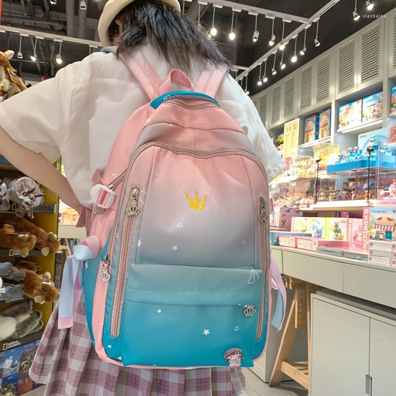 

School Bags Summer Women Backpack Nylon Waterproof Bag For Girls Trendy Gradient Student Storage Backpacks Large Capacity Travel, Blue pink