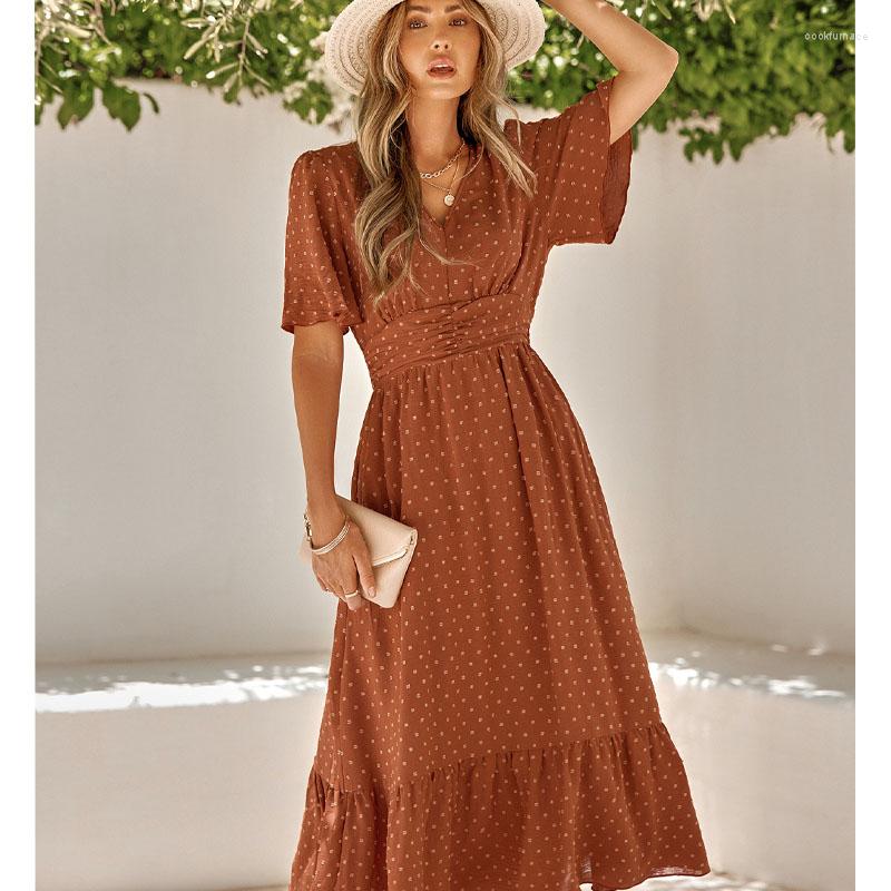 

Party Dresses Fashion V-neck Short Sleeve Ladies Dress Elegant Solid Color Loose For Woman Casual A-line Long Robe Femme 26671, Light green