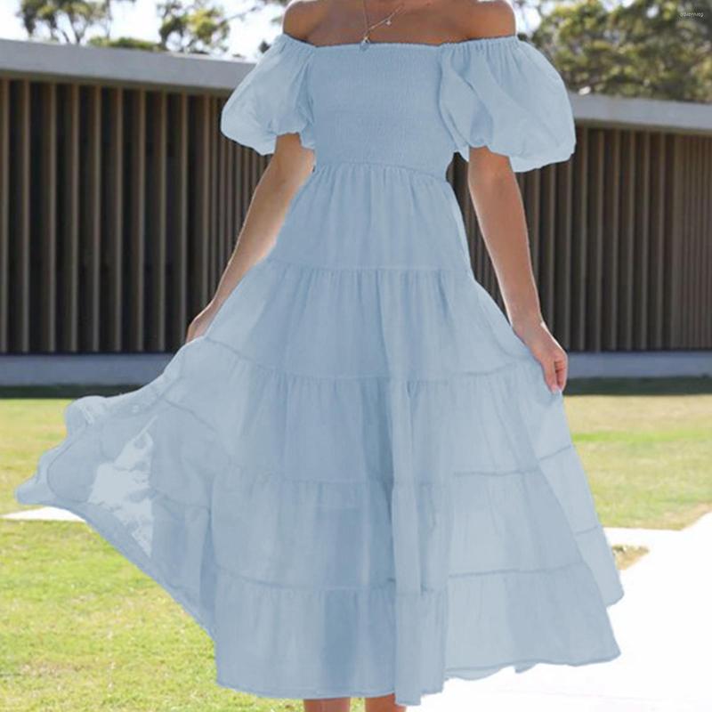 

Party Dresses Summer Midi Dress Puffy Sleeve Tuinic A Line Women Ruffle Long Solid Color Square Neck Elegant Style Daily Outfit, Pink