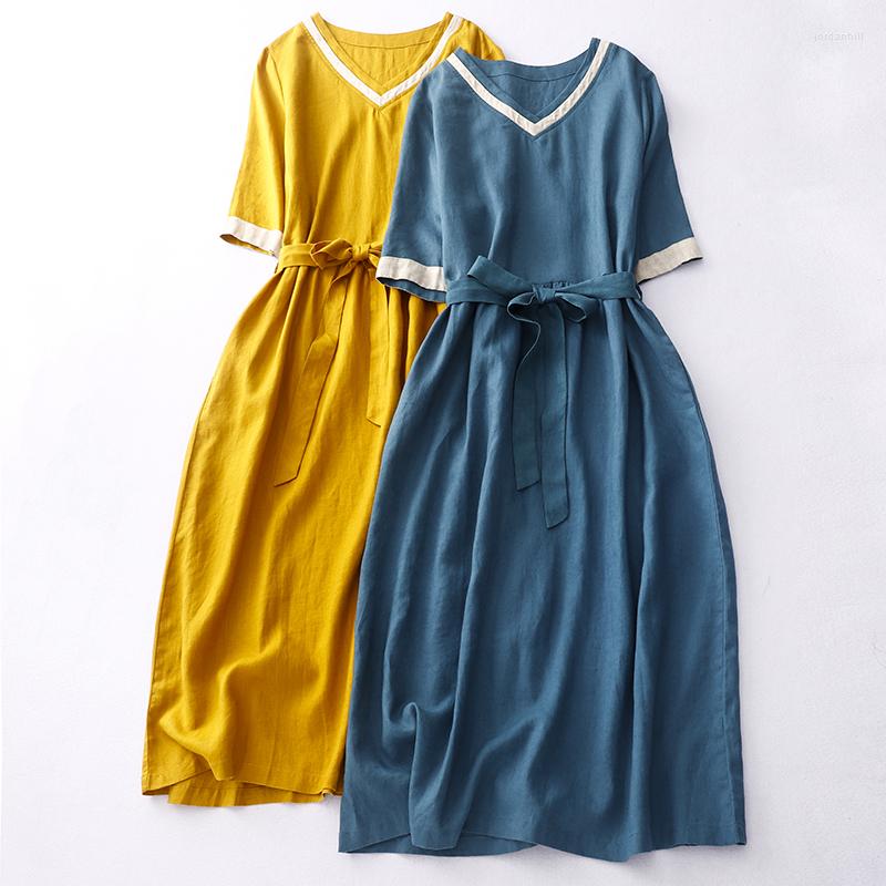 

Party Dresses Cotton Linen Dress 2023 Summer Retro Short-sleeved V-neck Loose Long Casual, Blue