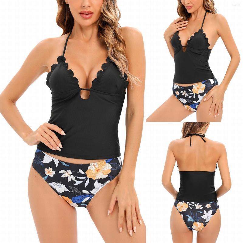 

Women' Swimwear Women' Printed Solid Cut Flower Suspender Swimsuit With Neck Lace Up Split Sexy Two Piece Set, Black
