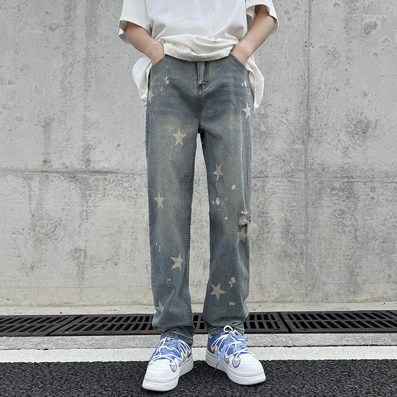 

Men' Jeans 2023 Style Men' Pentagram Printed Street Hip-hop Loose Straight Pants Y2k Dance Unisex Men Clothing, Blue