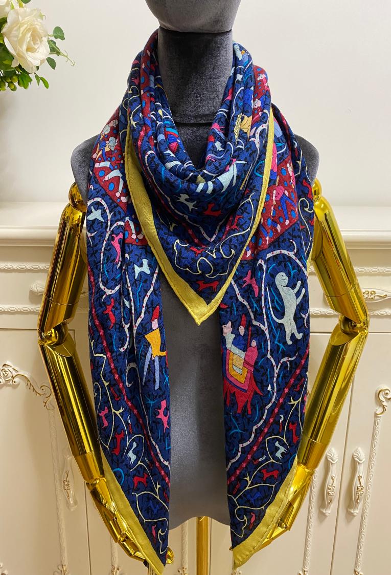 

Women039s square scarf shawl 50 silk 50 wool material blue color pint pattern size 130cm 130cm6470321