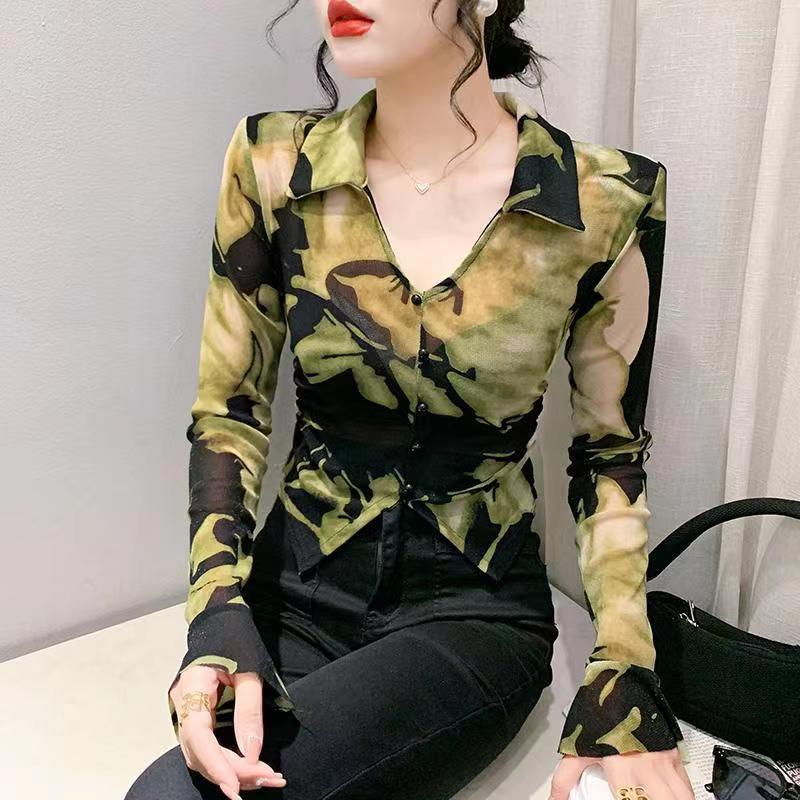 

Women' Blouses Korean Fashion Women Shirts Tie Dye Shirt Long Sleeve Tops Office Lady Basic Slim Woman Blouse T178, Green
