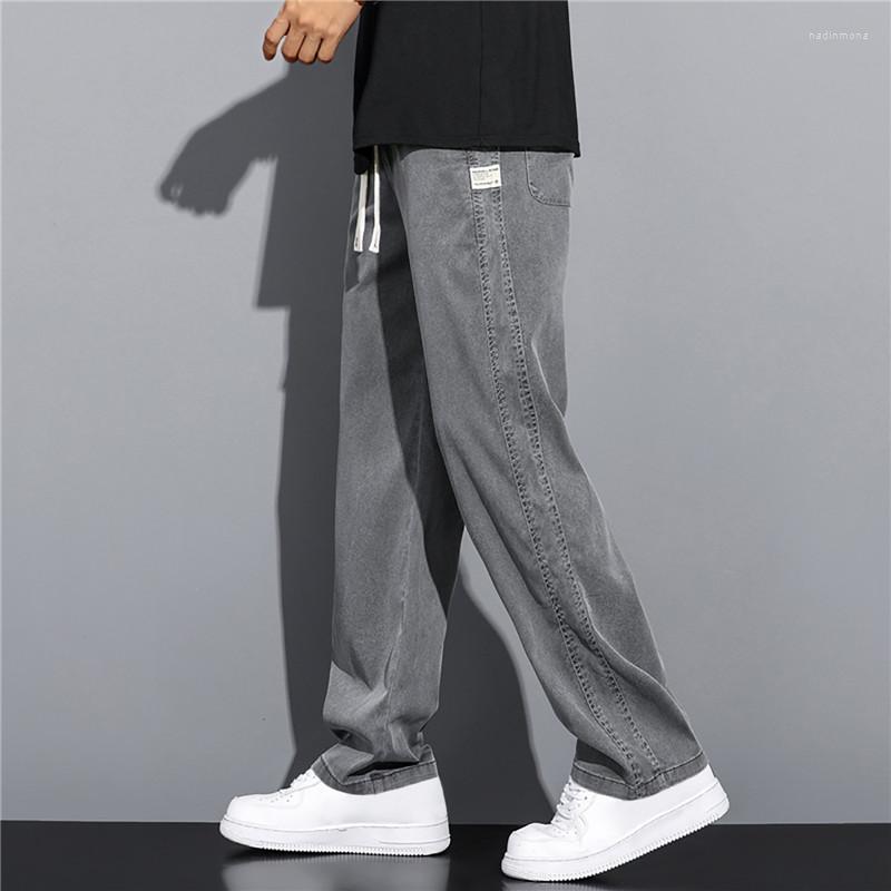 

Men's Pants Summer Soft Lyocell Fabric Men'S Jeans Thin Loose Straight Drawstring Elastic Waist Korea Casual Trousers Plus Size XL-4xl, Black shorts