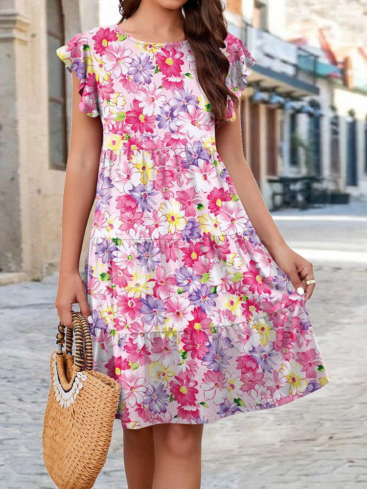 

Casual Dresses Women' Bohemian Print Dress O Neck Flying Sleeve Stitching Cake Skirt Summer Female Beach Vacation Elegant A Line, Beige