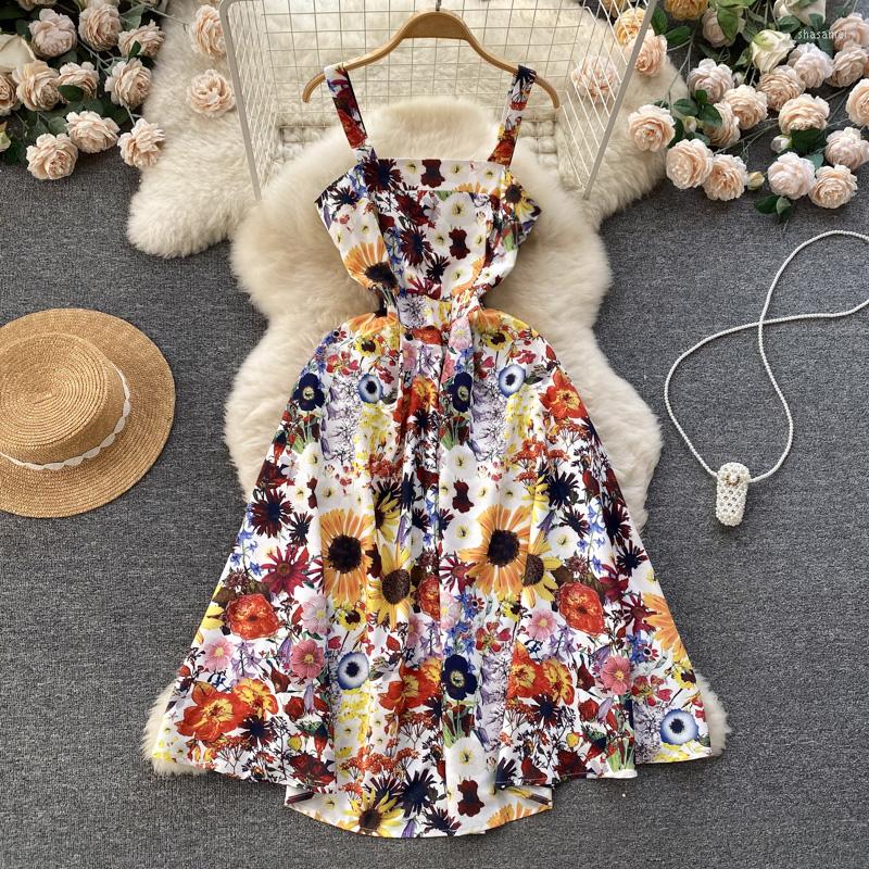 

Casual Dresses Merchall 2023 Summer Women Spaghetti Strap Midi Dress Runway Off Shoulder Floral Print High Waist Holiday Beach M1898, Black
