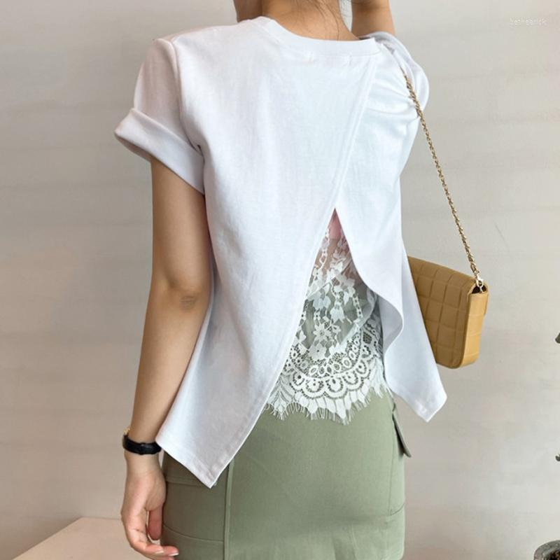 

Women's T Shirts For Women Y2k Top O Neck White Lace Shirt Design Loose Back Split Short Sleeved T-shirt Cotton Graphic, Black