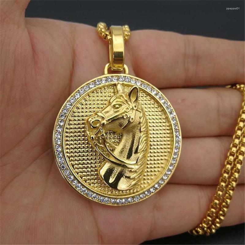 

Pendant Necklaces Jockey Club Horse Head Pendants For Women/Men Gold Color Stainless Steel Round Coin Iced Out Bling Hip Hop Jewelry
