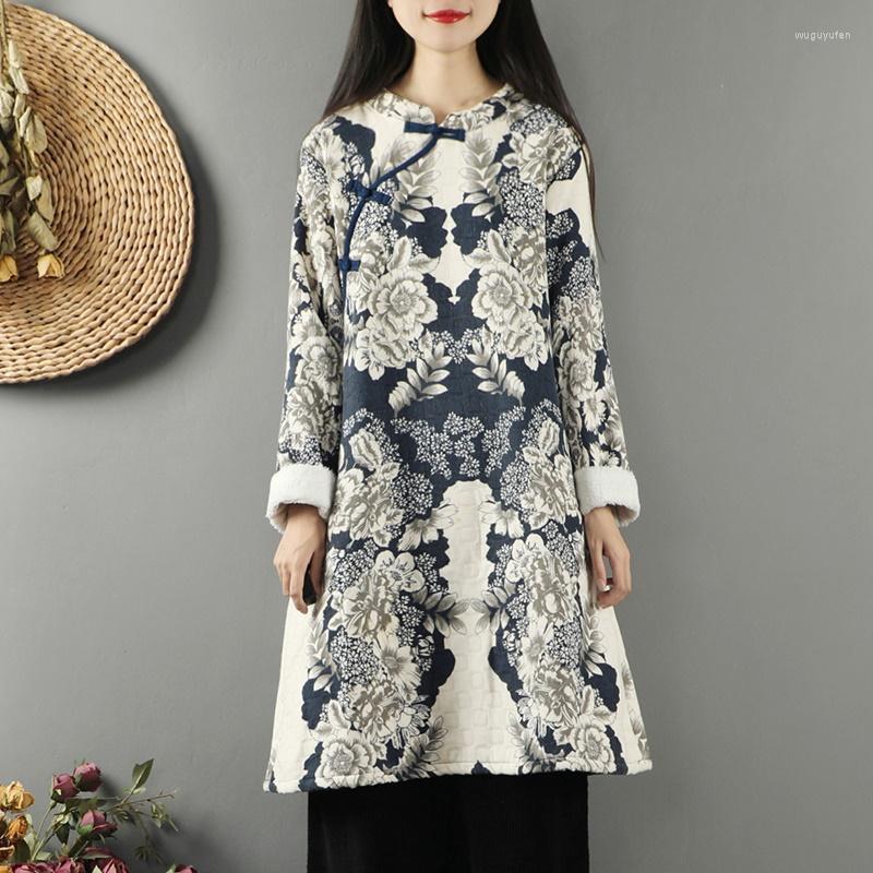 

Ethnic Clothing Autumn Chinese Style Women Trench Coat Top Retro Elegant Lady Warm Outerwear Cheongsam Ladies Tops FF3006