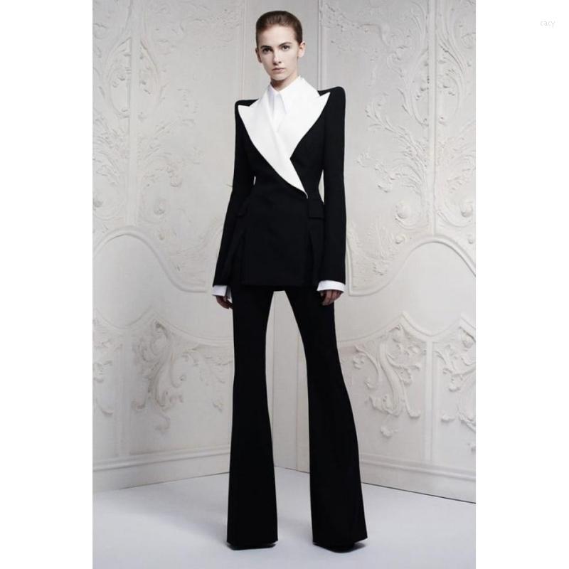

Women's Two Piece Pants Elegant Black Womem Suits With Big White Lapel Female Work Blazer Business Lady Jacket, Navy blue