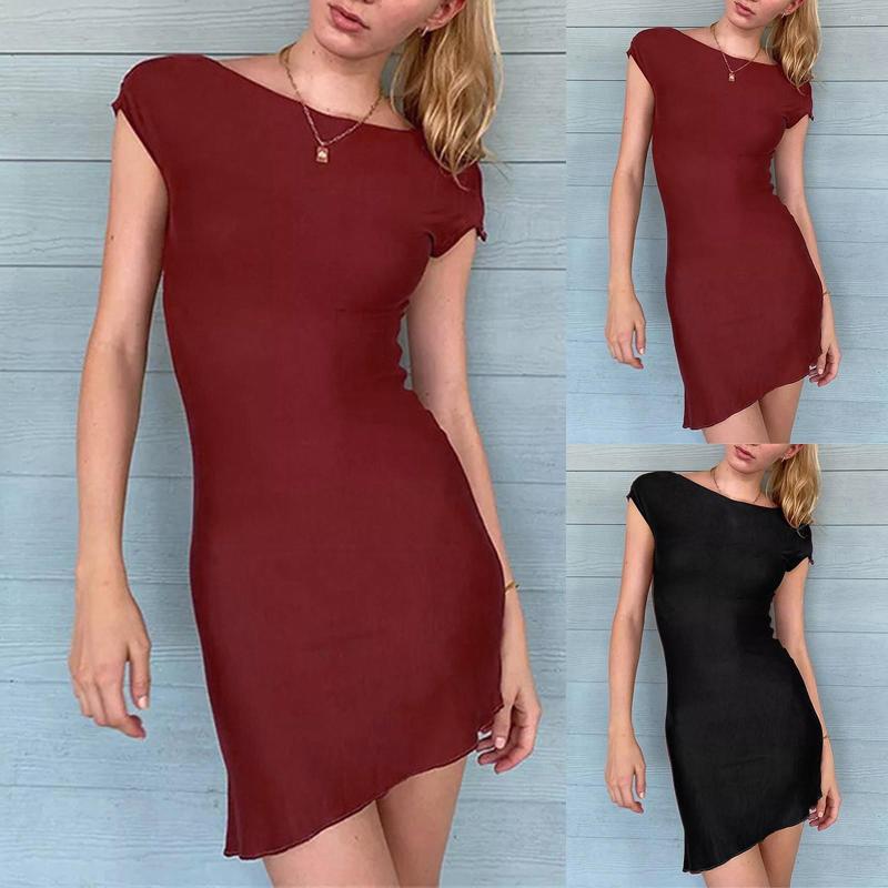 

Casual Dresses Women Solid Dress Short Sleeve Round Neck Slim Backless Mini, Black