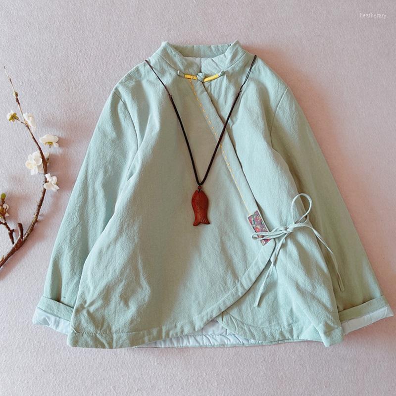 

Ethnic Clothing Chinese Style Women Parkas Buckles Cotton Linen Padded 2023 Winter Long Sleeves Warm Ladies Outerwear Coat 13031