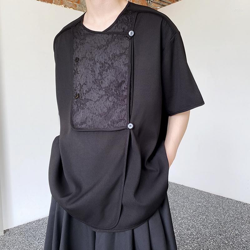 

Men's Casual Shirts SYUHGFA Men's Fashion Niche Design Summer Chinese Jacquard Spliced Round Neck Tops Short Sleeve Male Street, Black