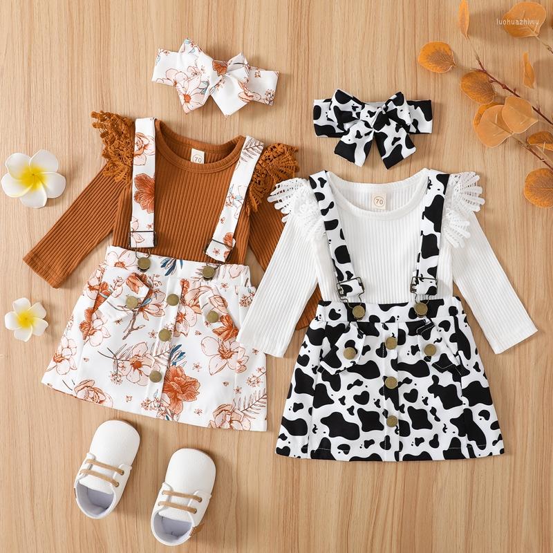 

Clothing Sets Autumn Baby Girls Clothes Outfits Lovely Lace Ruffle Long Sleeve Ribbed Romper Floral/Cow Spot Print Straps Skirts Headband, Auburn