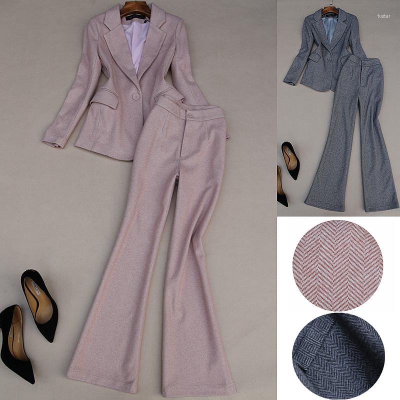 

Women' Two Piece Pants Women' Two-piece Fashion Suit Temperament Slim Woolen Herringbone Flared High Waist 2 Set Women