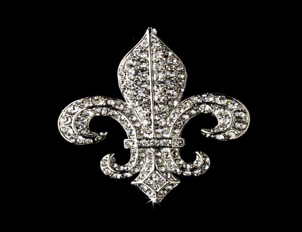 

2quot Vintage Silver Clear Rhinestone Fleur De Lis Brooch S05546256