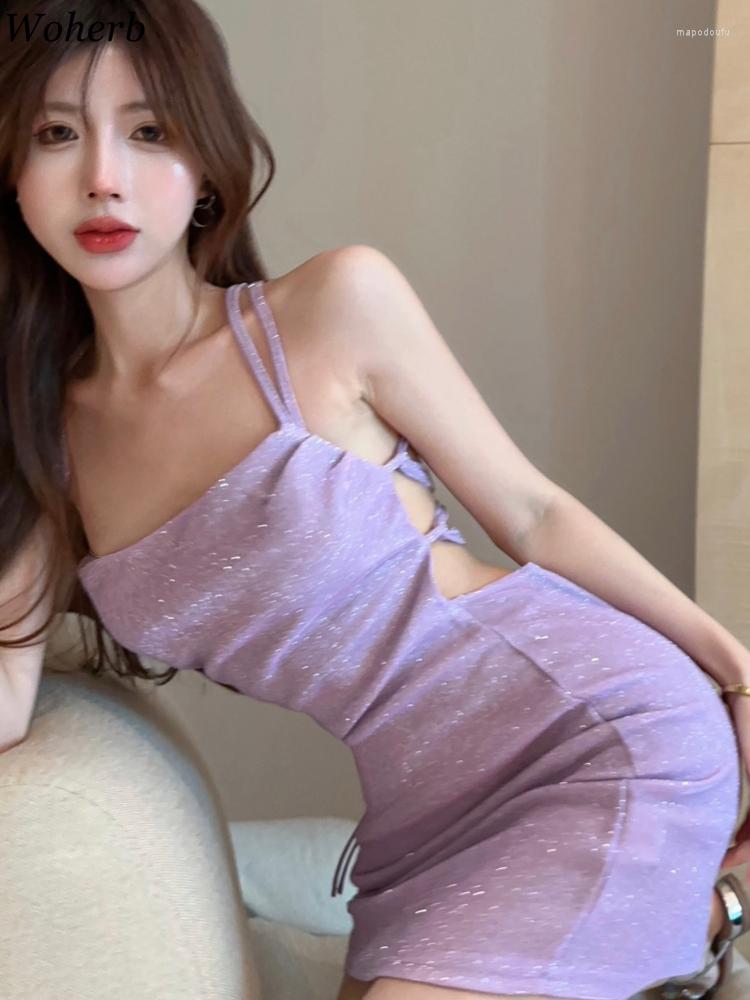 

Casual Dresses Korean Summer Y2k Dress For Women 2023 Vestidos De Mujer Slim Sexy Sleeveless Robe Femme Backless Bandage Bodycon Mini, Light purple