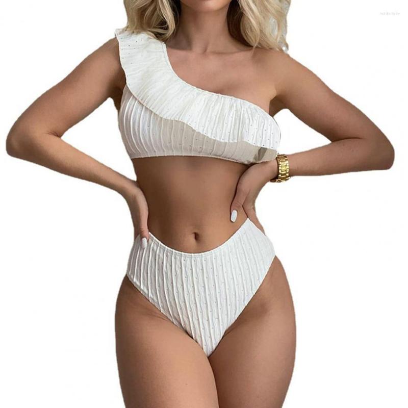 

Women's Swimwear Women Bikini Set Ruffle One Shoulder High Waist Padded Ribbed Beach Water Sports 2 Pcs/Set, White