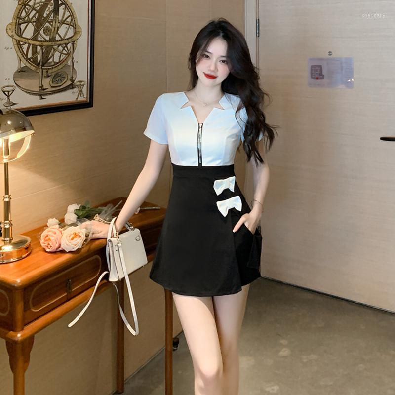 

Work Dresses 2023 Summer Women White And Black Patchwork Dress Shorts Set Two-Pieces Outfits With Bowknot, Black set