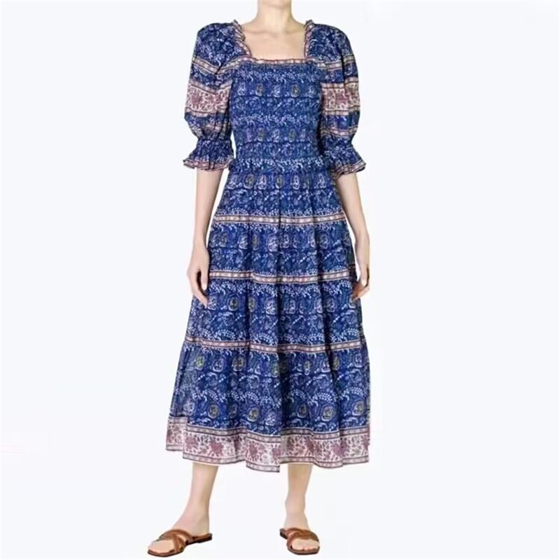 

2023 Designer Luxury Dress Party Dress French Square Neck Bubble Sleeve Pleated Print Dress Long Dress, Customize